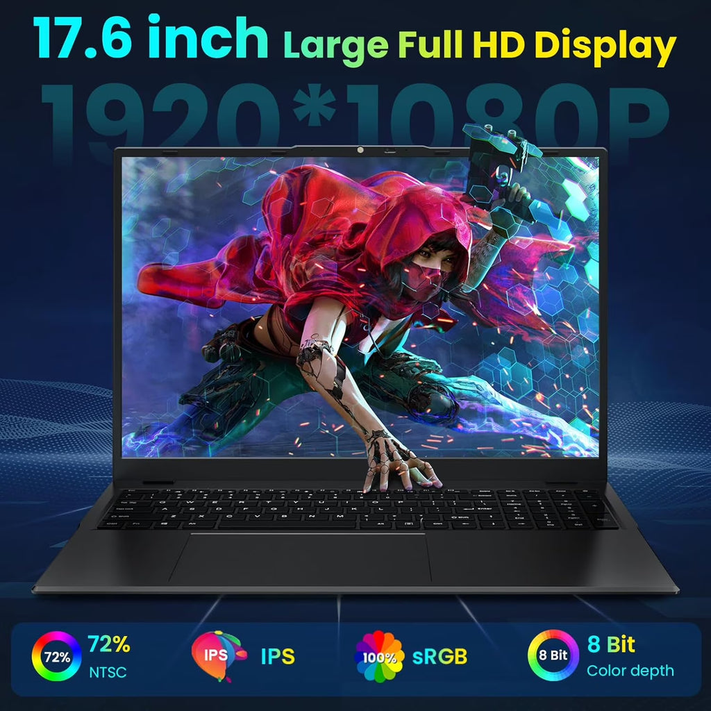 17.6" Windows 11 Laptop, 16GB DDR4 640GB Storage Laptop Computer, 4-Core Intel N95 Processor(Up to 3.4Ghz), 100% Srgb, Backlit Keyboard, 1Yr Office 365 Free, Black