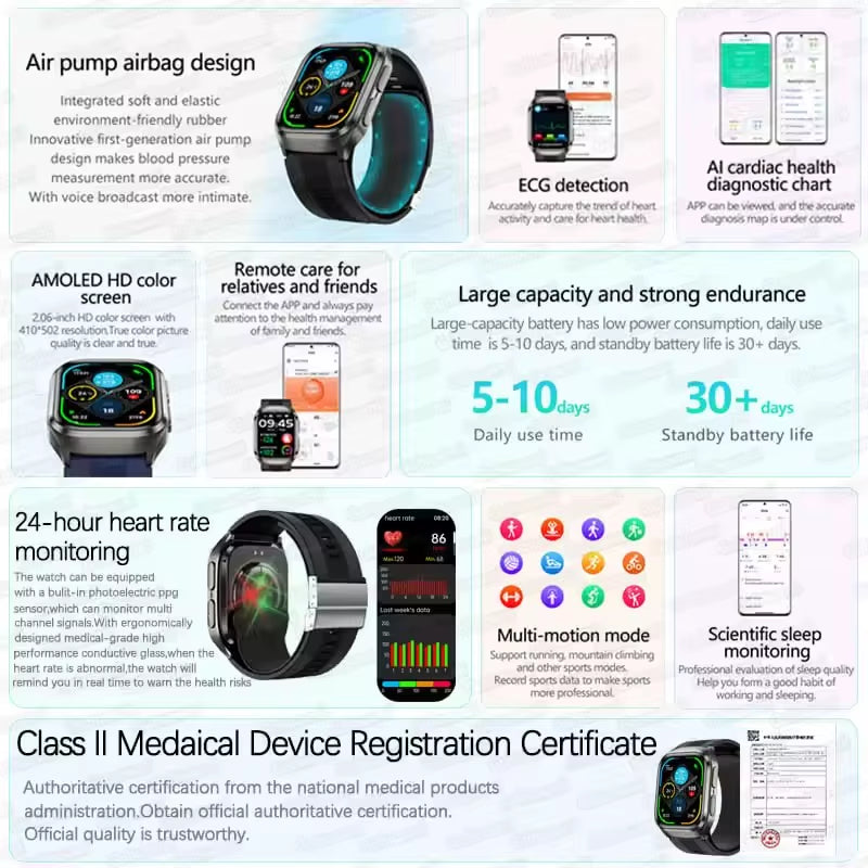 2026New Health Watch Blood Pressure Accurate Measure Smart Watches Men Uric Acid Blood Lipids Waterproof Airbag Smartwatch Women
