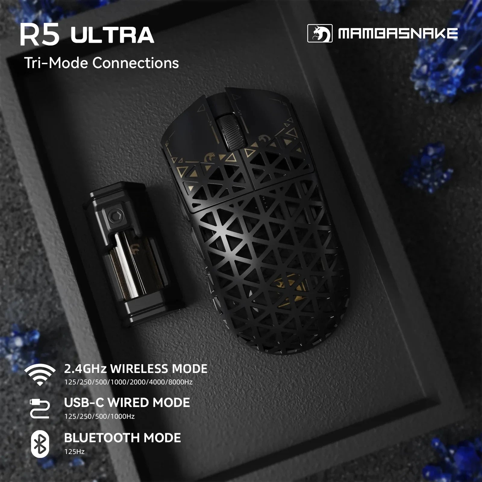 MAMBASNAKE x ATTACK SHARK R5 Ultra Wireless E-sports Gaming Mouse, Tri-mode Bluetooth 8K Mouse, 39g Lightweight PAW3950 42000DPI