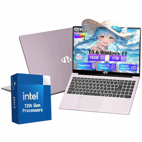 15.6 FHD Laptop Student Laptop 16GB RAM 1TB SSD Intel Pentium Quad-Core N100 Processor (Up to 3.4Ghz) Backlit Keyboard Privacy Camera Fingerprint Wifi 6 BT5.2 Business-Laptop Windows 11 Laptop-Pink