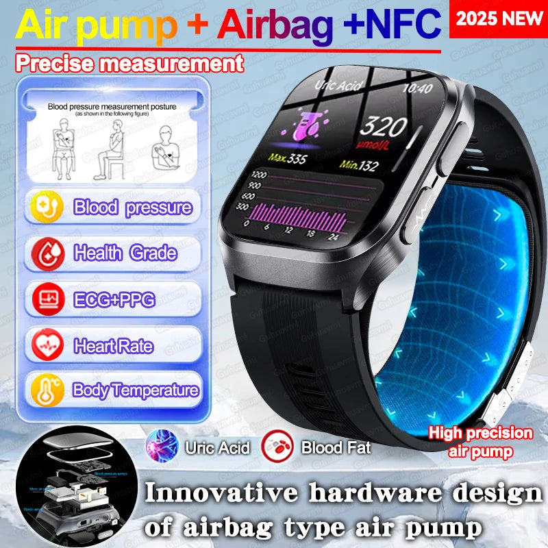 New Air Pump Airbag True Blood Pressure Health Measure Smart Watches Men Micro Physical Examination Fitness Sport Smartwatch NFC
