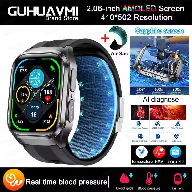 New Air Pump Airbag True Blood Pressure Health Measure Smart Watches Men Micro Physical Examination Fitness Sport Smartwatch NFC